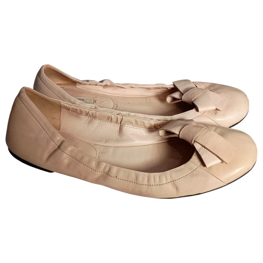 Prada Ballet Flats Shoes Beige Leather Bow Womens 40/10